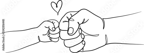 Minimalist continuous line art of adult and child fist bump with heart symbol.