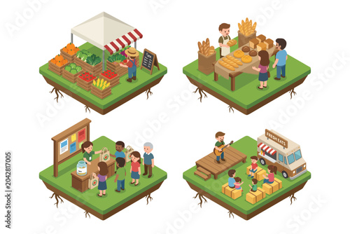 Isometric Scenes Depicting Lively Outdoor Community Events, Local Markets, and Social Gatherings