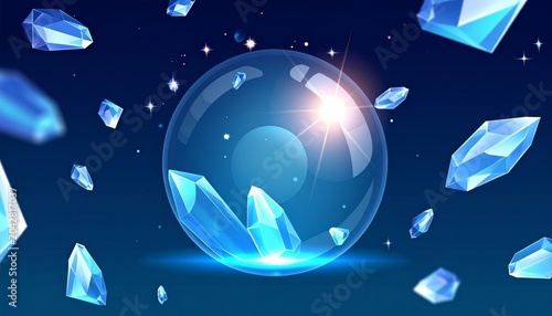 Glowing blue crystal ball and gems floating in space with starry night background.