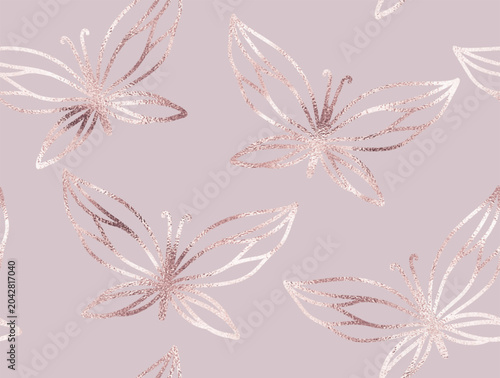Hand drawn decorative seamless pattern with rose gold butterflies ornament.