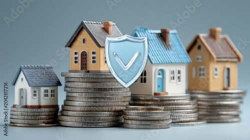 Miniature houses placed on stacks of coins with a shield and checkmark symbol representing financial security and property protection.