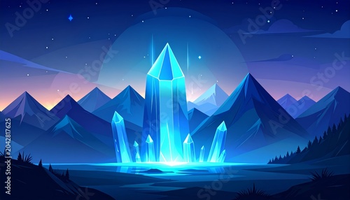 Glowing blue crystal formation in mountains.