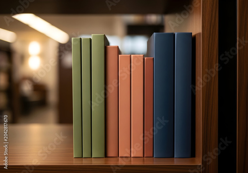 Row of colorful books standing on wooden shelf with blurred library background for study.