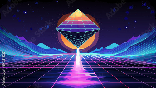 Retro futuristic synthwave landscape with glowing diamond geometric structure and sunset horizon synthwave retrowave landscape geometric eighties nostalgia mountains abstract perspective