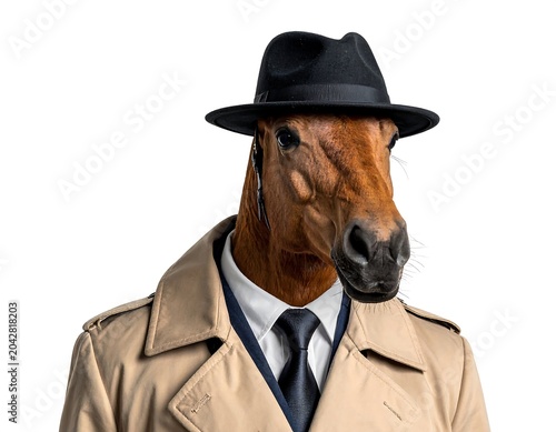 A horse wearing a fedora and trench coat on a white background