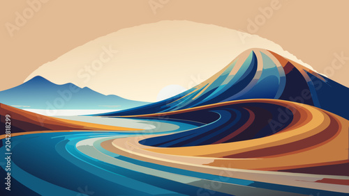 Stylized minimalist landscape with abstract rolling dunes and distant mountains landscape abstract minimalist mountains illustration colorful environment outdoors creative aesthetic