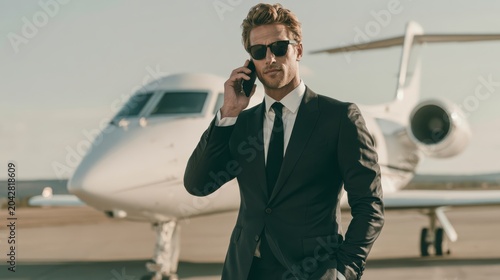 A stylish man in a black suit and sunglasses talks on a phone, standing confidently in front of a private jet on a sunny day.