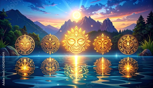 Golden mandalas reflected on serene lake surface at sunset.