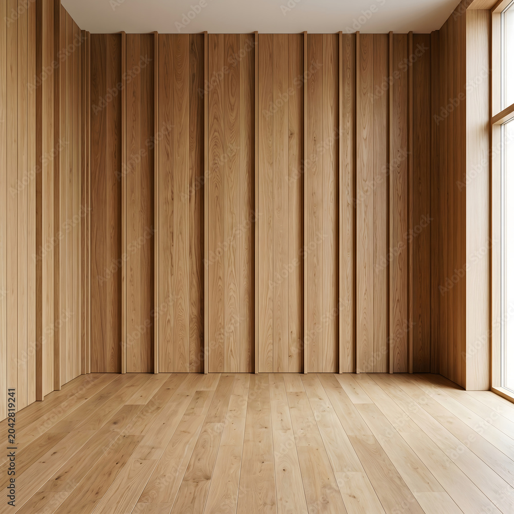 Naklejka premium Modern Wood Interior Design, Warm Oak Paneling, Natural Light, Minimalist Room Background, Contemporary Architecture