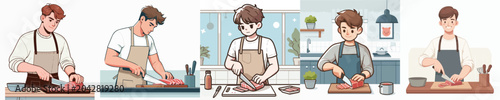 A skilled chef expertly prepares fresh meat in a clean kitchen environment, showcasing culinary expertise and precision