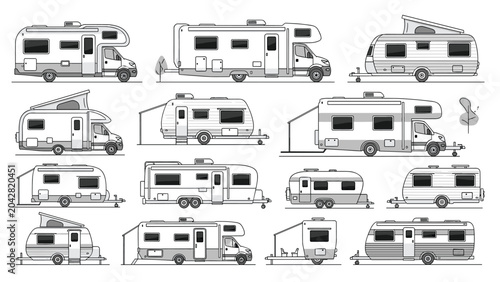 Extensive collection of grayscale illustrations features many different models of recreational vehicles, camper vans, and travel trailers.