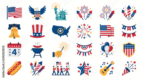 Illustrations of Independence Day symbols and elements in patriotic colors, ideal for holiday themes and decorations