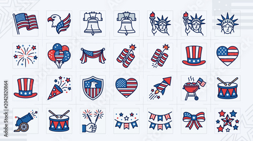 Vibrant Collection of United States Patriotic Icons Depicting National Symbols, Celebrations, and Historical Elements for Holidays and Events