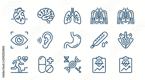 A comprehensive collection of blue line art icons representing human anatomy, medical conditions, and healthcare concepts, ideal for digital health applications, UI/UX design, and educational graphics