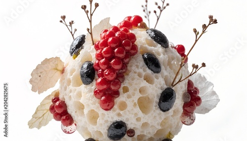 Handcrafted floral brooch with red berries and white beads on decorative branches