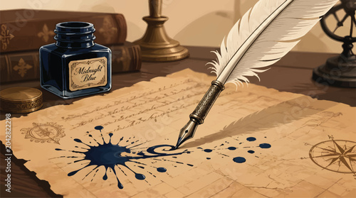 Vintage Writing Quill & Inkwell on Old Map, Creative Storytelling & Historical Documents