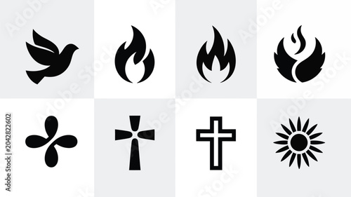 Fotografi Minimalist icon set of religious concepts including doves fire flames and crosses