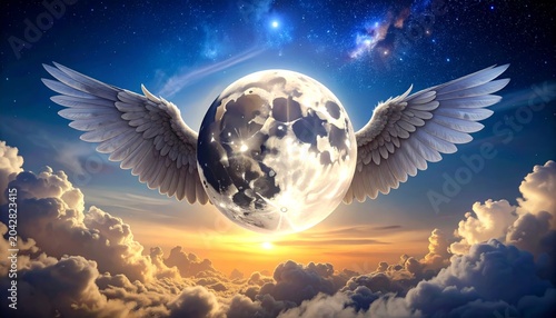 a surreal depiction of the moon with wings flying through the clouds.