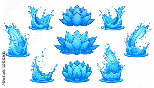 Blue lotus flowers and water splashes.