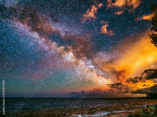 Dense star field and Milky Way galaxy stretching over a calm dark sea surface for travel advertising, contemplative website backgrounds and meditative nature imagery