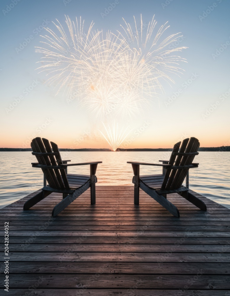 Obraz premium Fireworks exploding over a calm lake at dusk with two adirondack chairs on a wooden dock for holiday celebration, cottage retreat and summer travel advertising