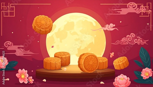 Mid-Autumn Festival with mooncakes and flowers.