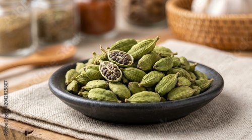Green Cardamom Pods in a Black Bowl