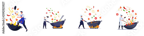 Chefs cooking asian food in wok pans with flying ingredients and fire
