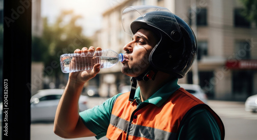 The delivery driver stopped briefly to drink water.