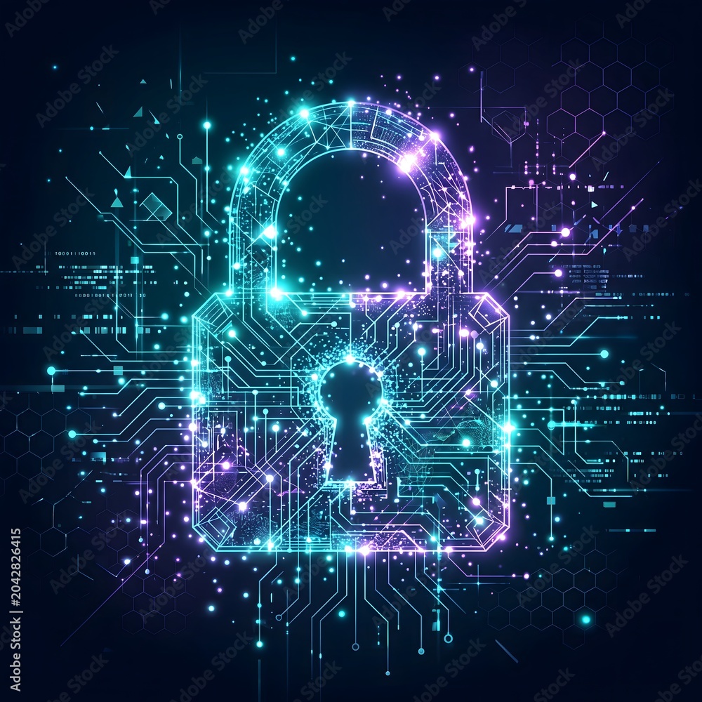 Obraz premium Digital Padlock with Circuit Board and Binary Code Cybersecurity Concept