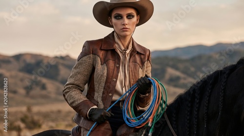 Cowgirl holding cables on horse. Merging technology with western style.