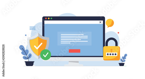 Cybersecurity illustration showing a desktop computer monitor protected by a security shield and a password lock for safe internet browsing.