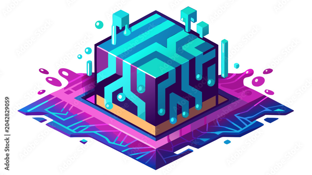 Obraz premium Isometric digital data cube with glowing circuitry and abstract fluid elements technology isometric abstract information computer processor hardware connectivity electronic innovation