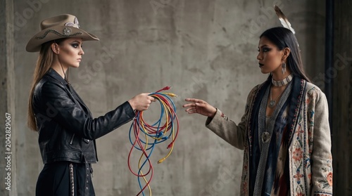 Cowgirl and indigenous woman hold cables. Symbolizing cultural clash. Digital era friction.