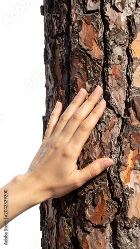 A human hand gently touching the textured bark of a tree