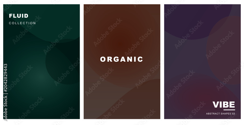 Fototapeta premium Set of three abstract fluid background posters with organic shapes and dark gradient colors. Vector illustration.