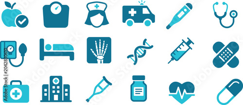 Medical and Healthcare Icon Set, Flat Vector Hospital Elements for Clinic, First Aid, and Medicine Design