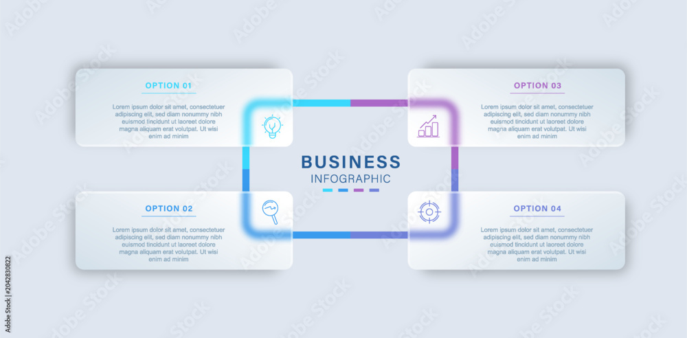 Fototapeta premium Modern glassmorphism business infographic template with four connected workflow steps and transparent glass style elements