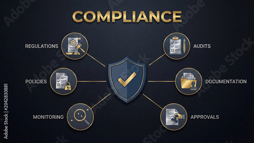 Corporate compliance framework diagram showing regulations audits policies documentation monitoring and approvals with shield icon for governance risk and legal management