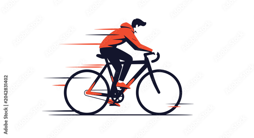 Fototapeta premium Dynamic illustration of a male cyclist riding a black road bike at high speed with motion blur lines on a white background.