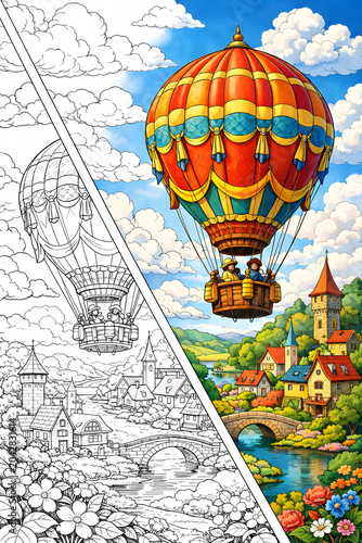 Whimsical Sky Journey Coloring Sheet Featuring Hot Air Balloon and Storybook Village