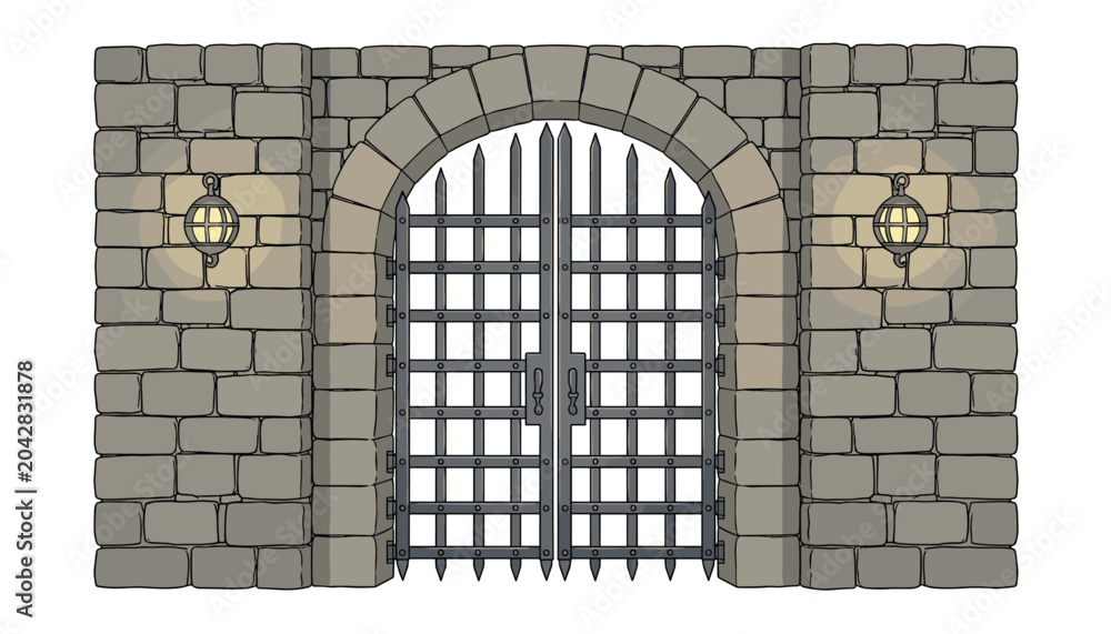 Fototapeta premium An imposing stone gate with iron bars and glowing wall-mounted lanterns stands as a secure entrance in a sturdy masonry wall structure.