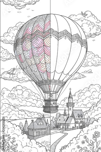 Whimsical Sky Journey Coloring Sheet Featuring Hot Air Balloon and Storybook Village