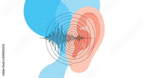 Human ear anatomy illustration featuring concentric sound waves and digital audio frequency waveforms in a modern style.