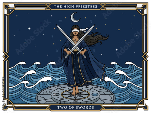 Foto Esoteric Tarot Card Illustration of the Two of Swords and High Priestess, Blindf