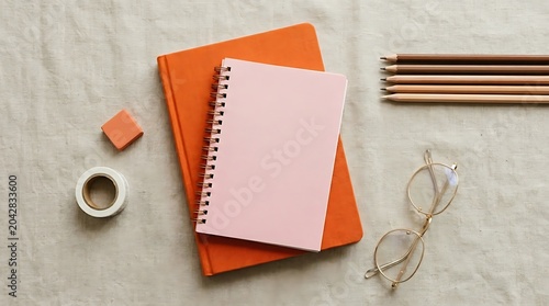 Open notebook with pencils and gold rimmed glasses on fabric