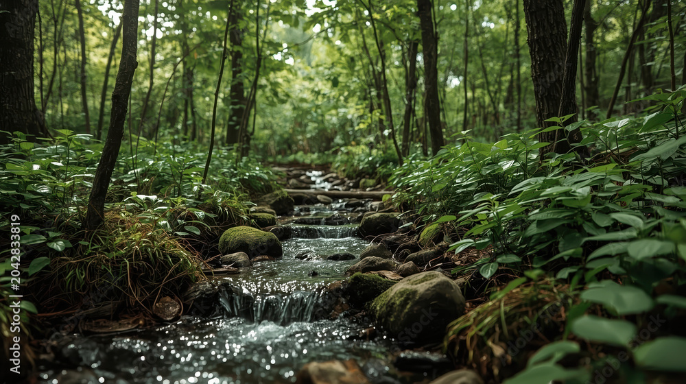 Fototapeta premium Lush forest stream with mossy rocks and sunlit canopy creating peaceful atmosphere