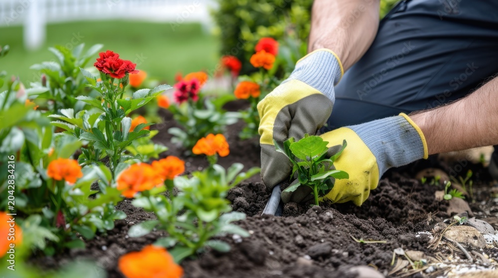 Fototapeta premium Close-Up of Hands Planting Flowers in a Garden Bed with Vibrant Marigolds and Healthy Soil