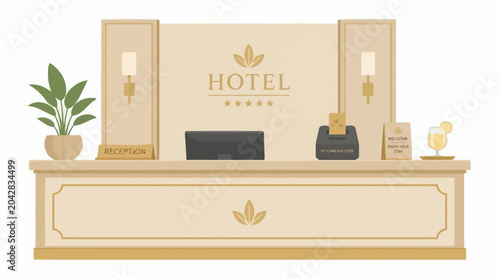 Bild auf Leinwand Hotel reception desk with plant, check-in station, and drink, flat design graphic element