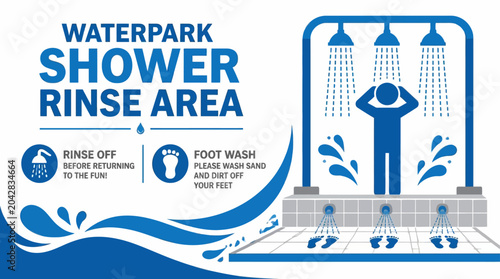 Fotografía Waterpark shower rinse area sign with instructions for foot wash and rinsing off